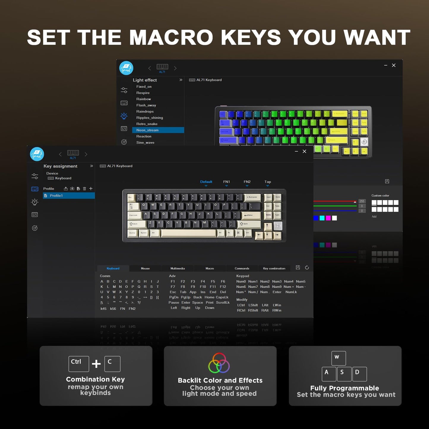 YUNZII AL71 75% Mechanical Keyboard,Full Aluminum CNC,Hot Swappable Gasket,2.4GHz Wireless BT5.0/USB-C Wired,NKRO Programmable RGB Backlight Creamy Typing for Win/Mac(Black,Crystal White Switch)