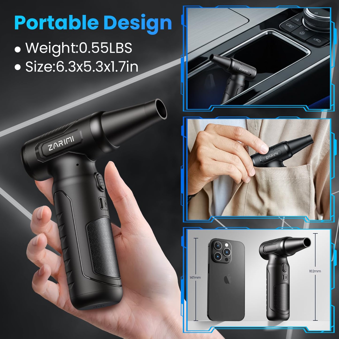 Electric Air Duster - 33,0000 RPM Cordless Keyboard Cleaner, Rechargeable Compressed Air Blower for PC/Computer Cleaning, Car & Home Dusting, Replaces Air Cans (Battery Powered Turbo Fan)