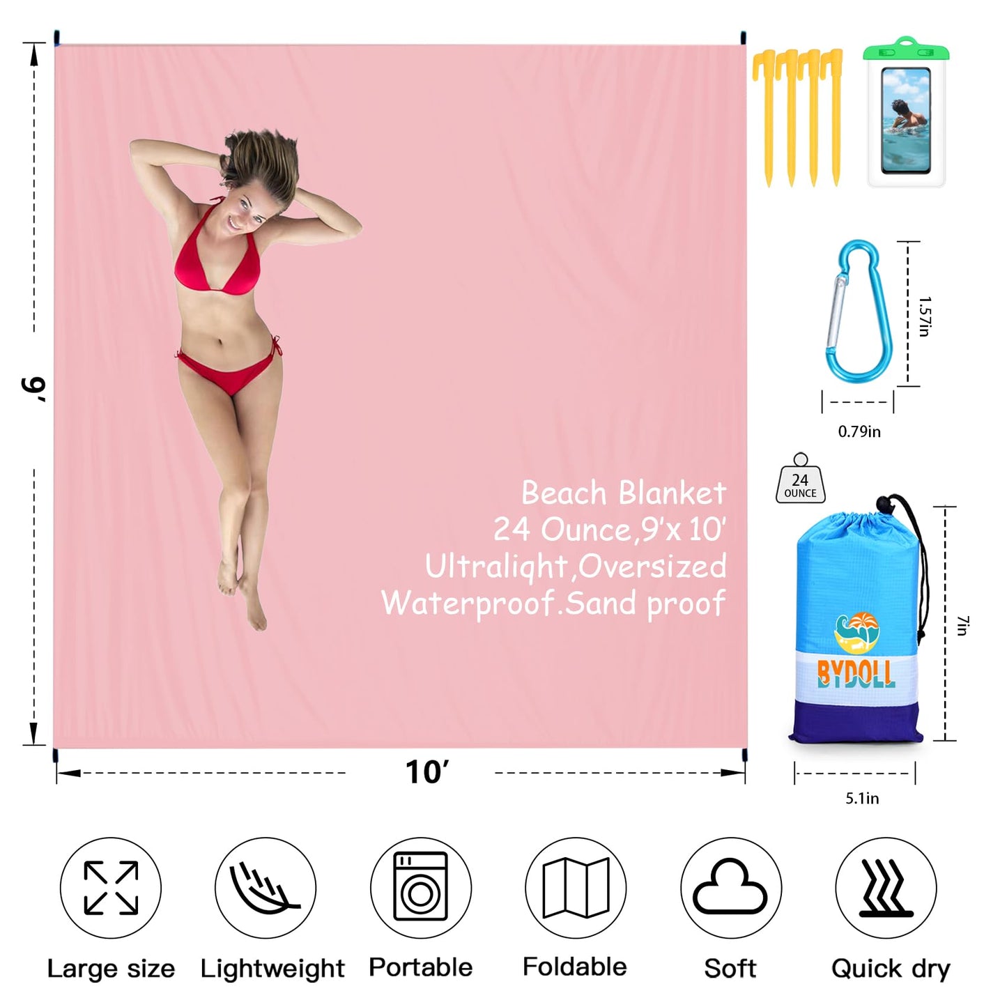 BYDOLL Beach Blanket 10'X9' Waterproof Sandproof Suits1-8 Adults Oversized Lightweight Large Blanket Picnic Mat for Beach Sand Free Travel Camping Hiking Picnic