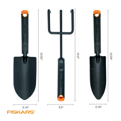 Fiskars 3-Piece Garden Tool Set - Trowel, Transplanter, Cultivator, Rust-Resistant Steel Heads, Ergonomic Handles for Planting, Digging, and Aerating Soil