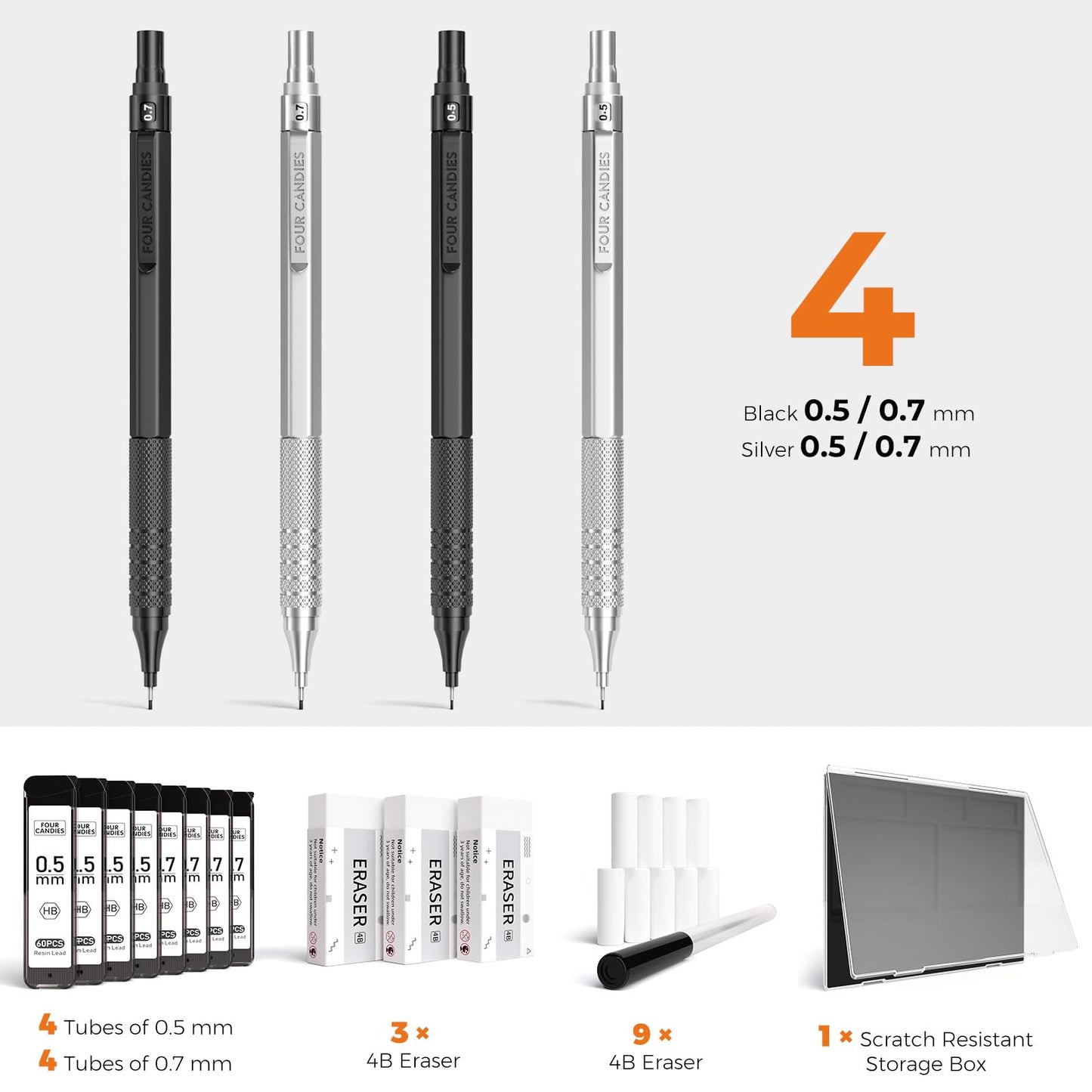 Four Candies 4PCS Metal Mechanical Pencils Set with Case, 0.5mm & 0.7 mm Artist Pencil with 8 Tubes (480PCS) HB Lead Refills, 3 Erasers,9 Eraser Refills For Writing Drafting, Drawing, Black&Silver