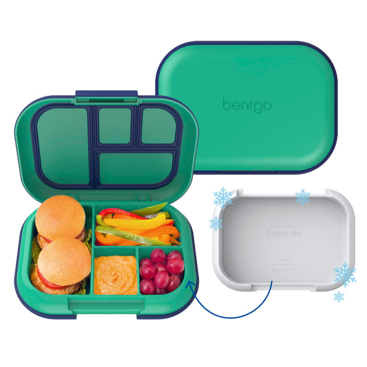 Bentgo Chill Kids Leak-Proof Lunch Box - 4-Compartment Bento Box with Built-In Ice Pack, 3.3 Cup Capacity, PFAS & BPA-Free, Microwave & Dishwasher Safe, Ideal Size for Ages 3 to 7 (Green/Navy)