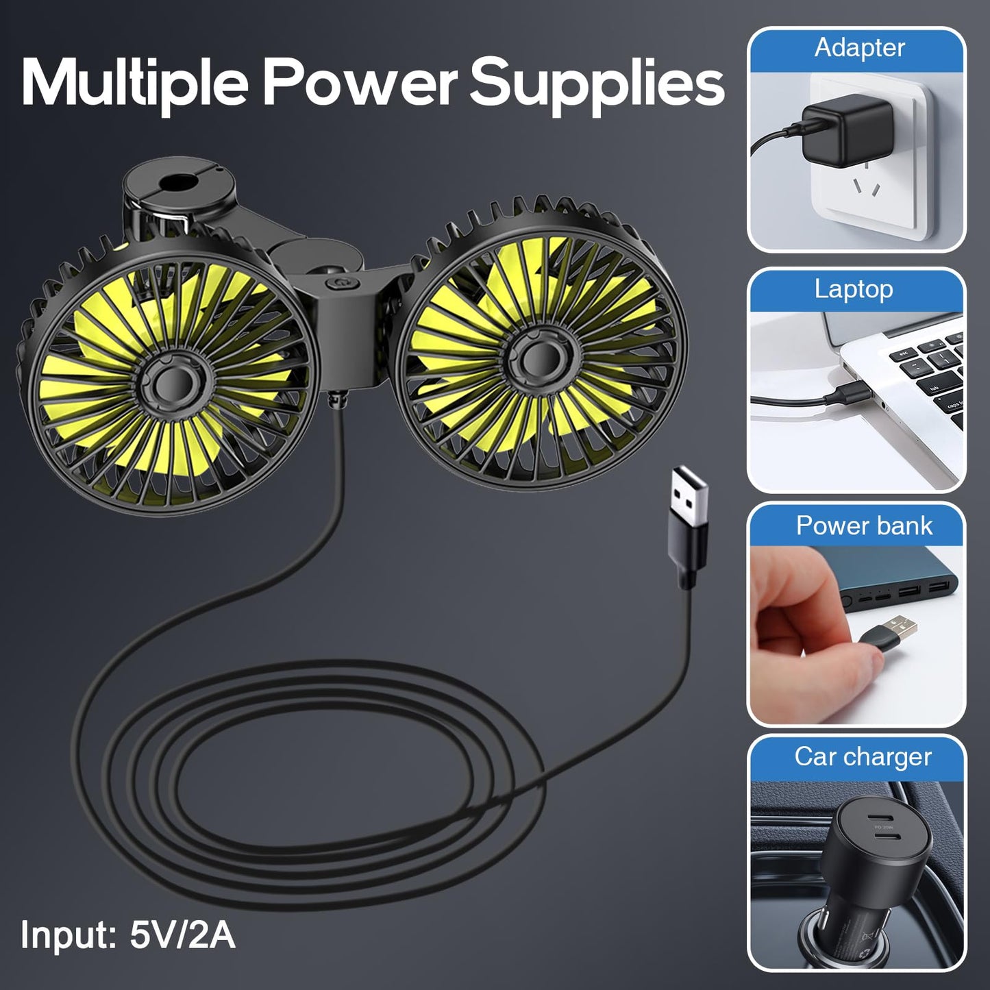 Dealswin Car Fan for Backseat kids, Dual Head USB Car Seat Fans, 360° Rotatable Strong Wind Rear Headrest CarFan for Baby, Air Circulation Fan with Adjustable Clip for Vehicles SUV RV