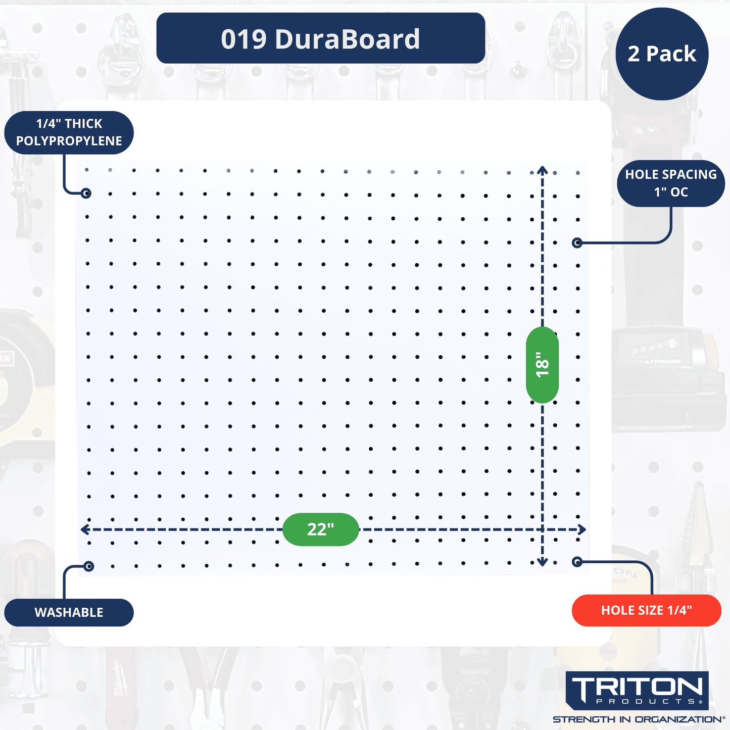 Triton Products Heavy Duty Poly Pegboards - Set of 2 DuraBoard Wall Panels, Each 22" x 18" x 1/4" with 1/4" Holes for Home, Office, Garage, Storage and Organization (White)