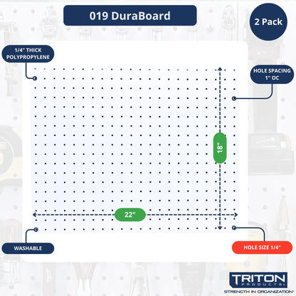Triton Products Heavy Duty Poly Pegboards - Set of 2 DuraBoard Wall Panels, Each 22" x 18" x 1/4" with 1/4" Holes for Home, Office, Garage, Storage and Organization (White)