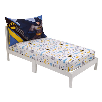 Warner Brothers Batman The Caped Crusader Blue, Gray, and Yellow Bat-Signal and Batmobile 2 Piece Toddler Sheet Set - Fitted Bottom Sheet and Reversible Pillowcase