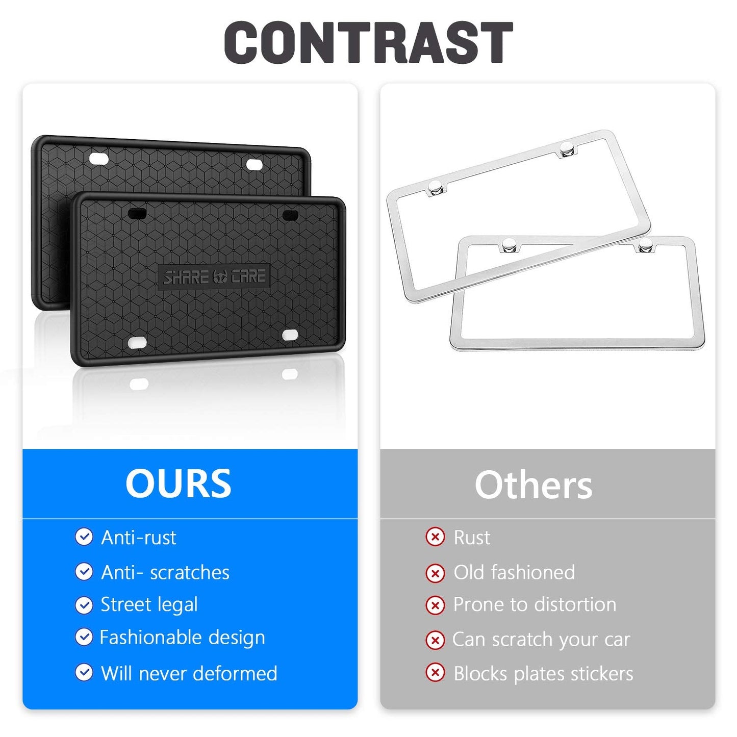 QiqaMole 2 Pack Silicone Frame Front Back License Plate Cover/ Bracket Holder Rust-Proof, Rattle-Proof, Weather-Proof, for US CA Standard Cars (Light Green)