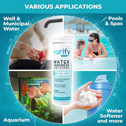 Varify Water Hardness Test Kit - Water Testing Kit for Home, Drinking, Well, Spa, Swimming Pool, Softener, Dishwasher & More - Hard Water Test Strips for Calcium, Magnesium etc (0-425 pmm, 150 Strips)