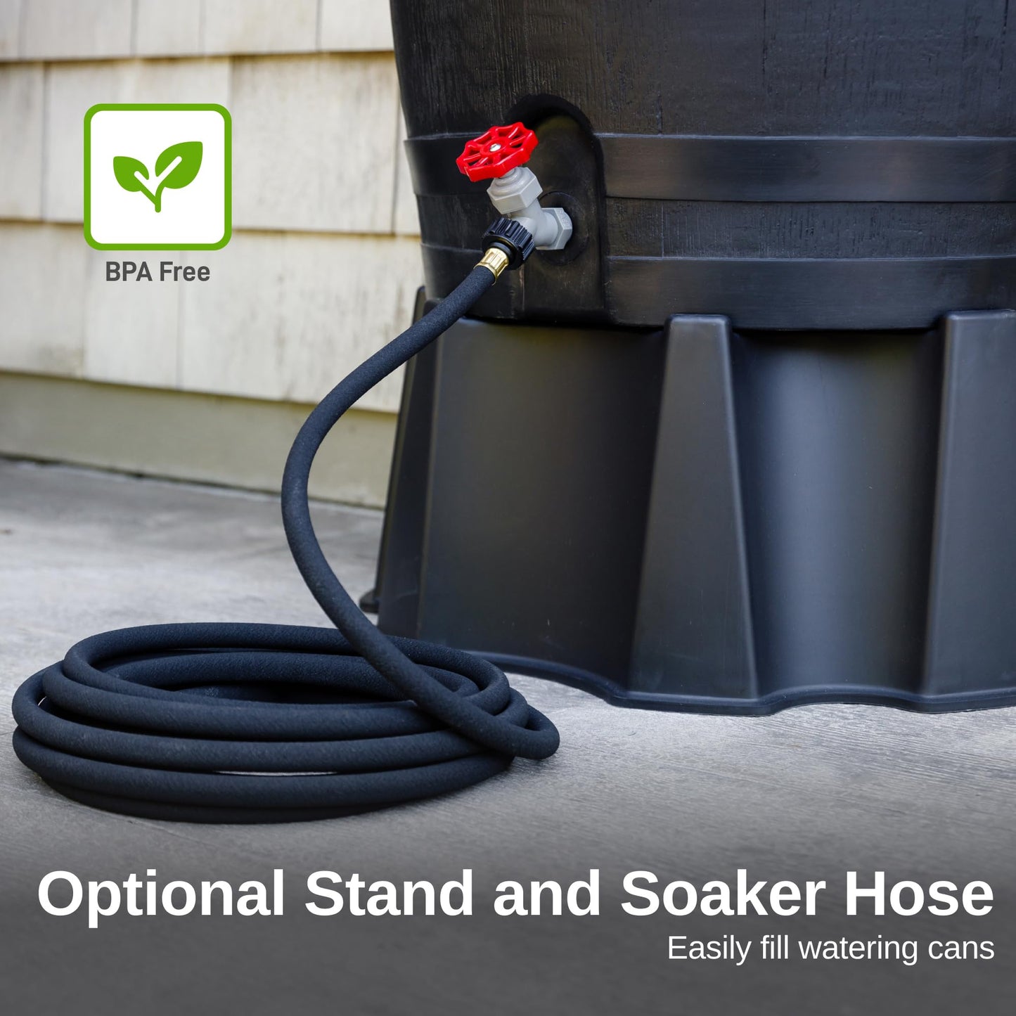 RTS Home Accents 50-Gallon ECO Rain Barrel Made with 100% Recycled Plastic, Flat Back Rain Water Collection Barrel, Black