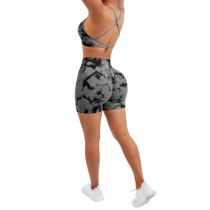 SUUKSESS Women Seamless 2 piece Workout Sets Strappy Padded Sports Bra Booty High Waisted Shorts Outfits (Black Grey,L)