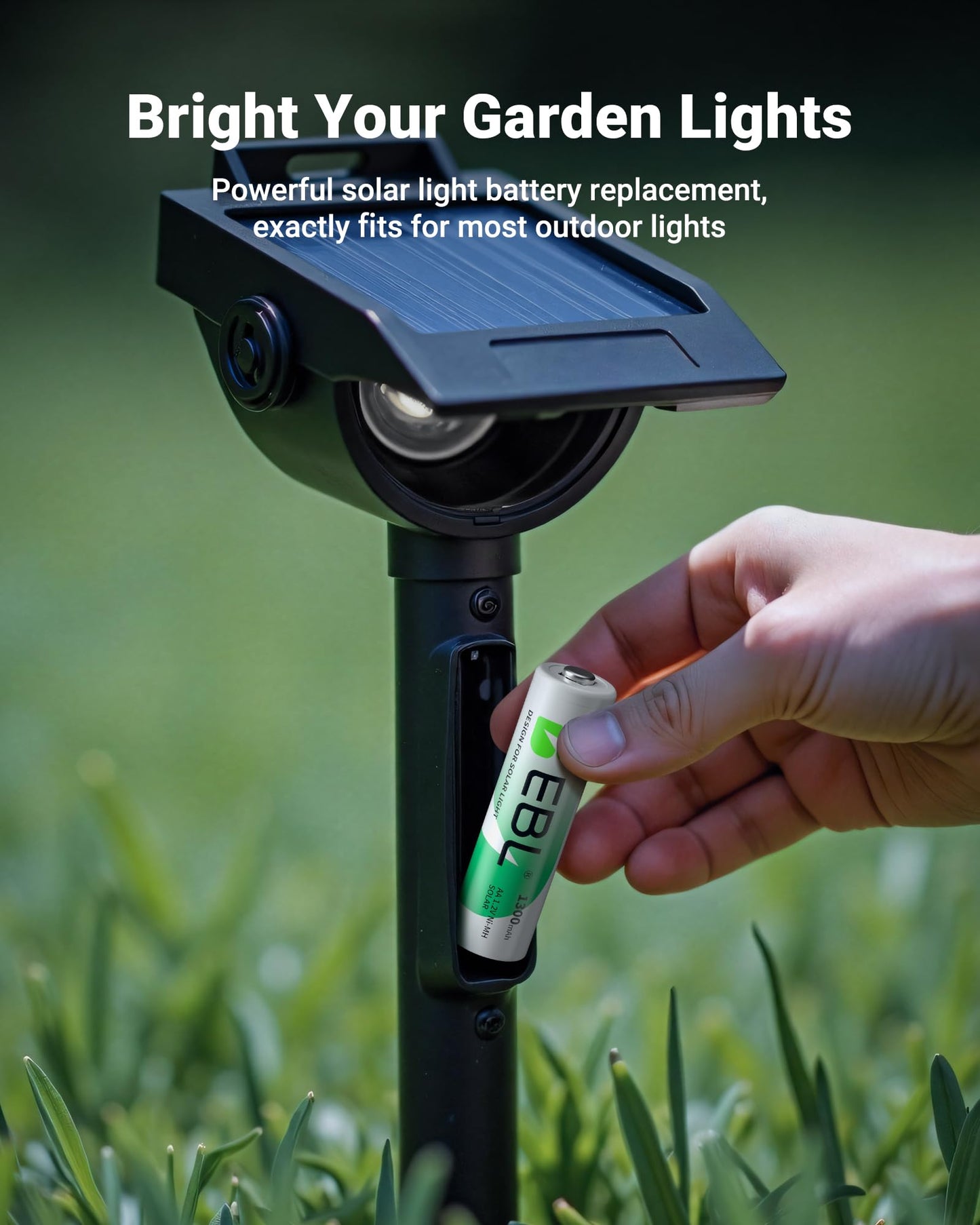 EBL Solar AA Battery Rechargeable Batteries for Outdoor Solar Lights, 1300mAh NIMH Pre-Charged 1.2V Recharge up to 1200x Times for Garden Landscaping String Lights, Pack of 12