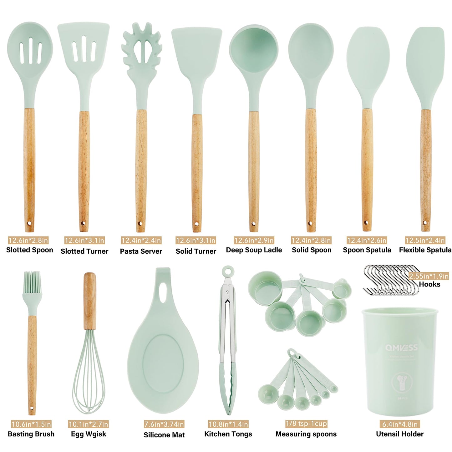 QMVESS Silicone Kitchen Utensils Set, 35 Pcs Non-Stick Cooking Utensils Set, Sturdy Insulation Wooden Handle Kitchen Accessories for Cooking with Spatula Set and Spoons Set Gadgets (Light Green)