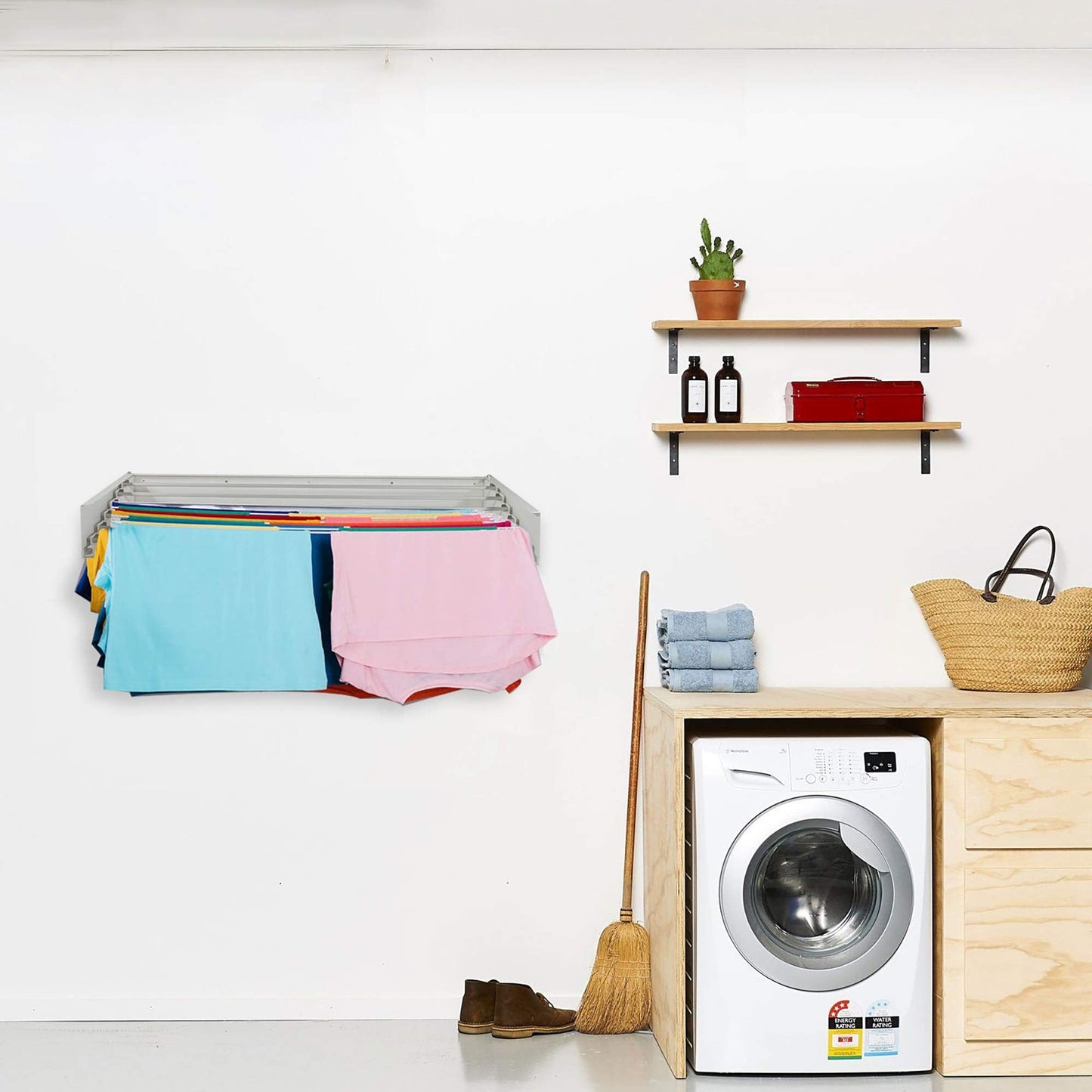 Step Up Laundry Drying Rack (40-INCH Wide - Wood-Look), Wall Mounted, Retractable Clothes Drying Rack, 60lbs Capacity, 20 Linear Ft, with Wall Template and Long Screwdriver Bit