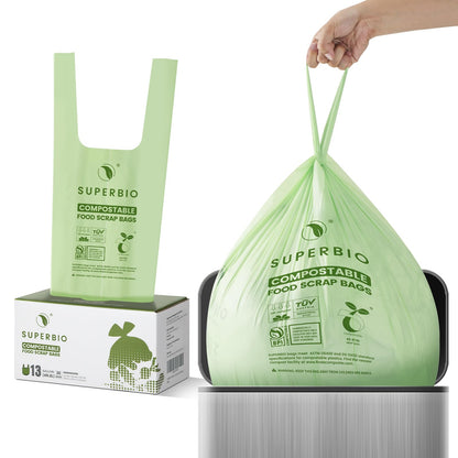 SUPERBIO 13 Gallon Compostable Kitchen Waste Bags with Handles, Food Scrap Bags Certified by BPI, OK compost INDUSTRIAL, 30 Count, 49.2L
