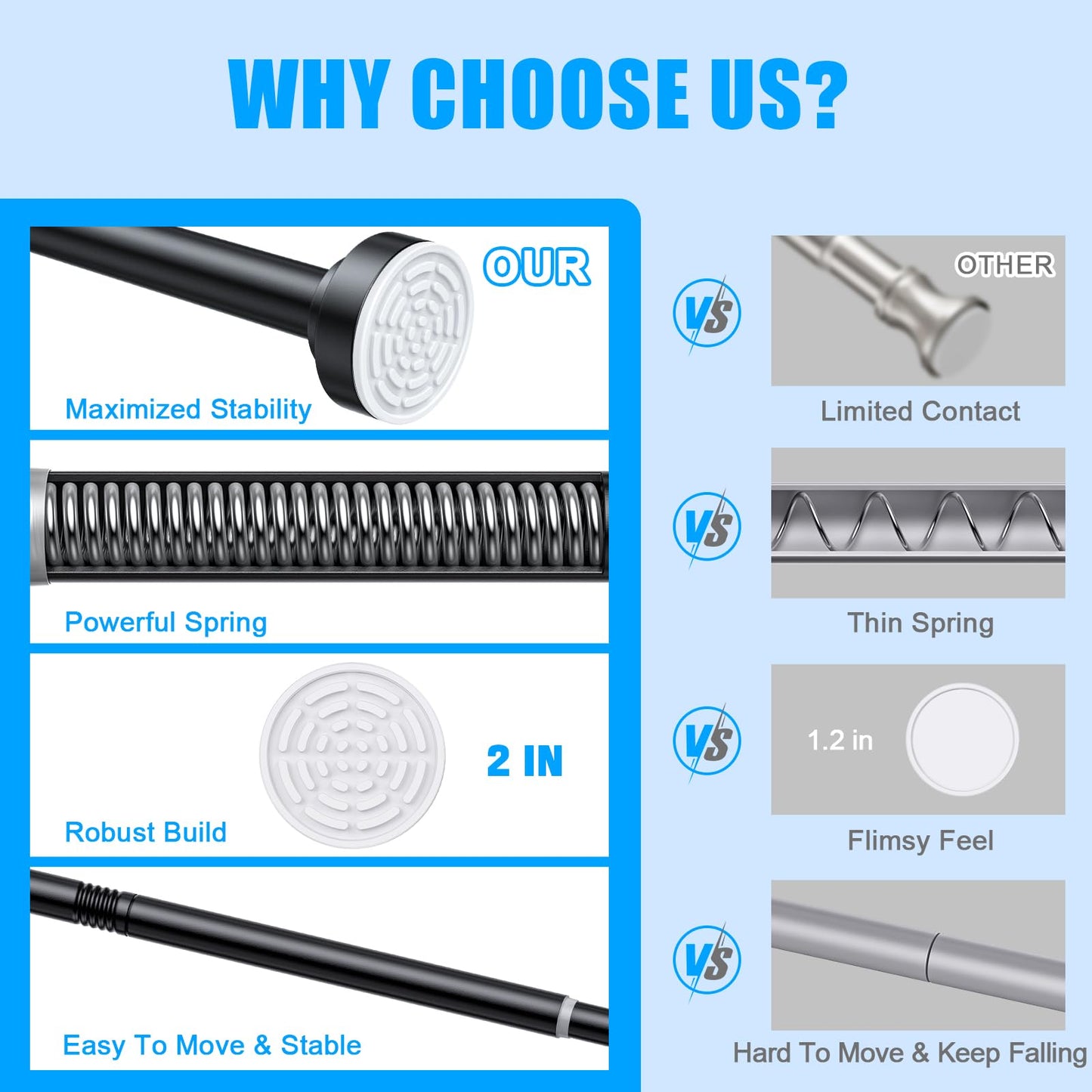 TEECK Shower Curtain Rod, 27-76 inch Adjustable Spring Tension Curtain Rod, Never Rust Anti-Slip Shower Curtain Rod for Bathroom, No Drilling, Never Collapse, Easy to Use, Black