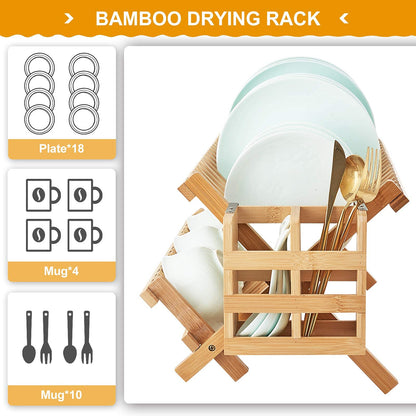 Worthyeah Bamboo Dish Drying Rack, 2 Tier Collapsible Dish Rack with Utensil Holder, Wooden Dish Drying Rack for Kitchen Counter, Large Folding Drying Holder, Dish Drainer 34 pcs Grid