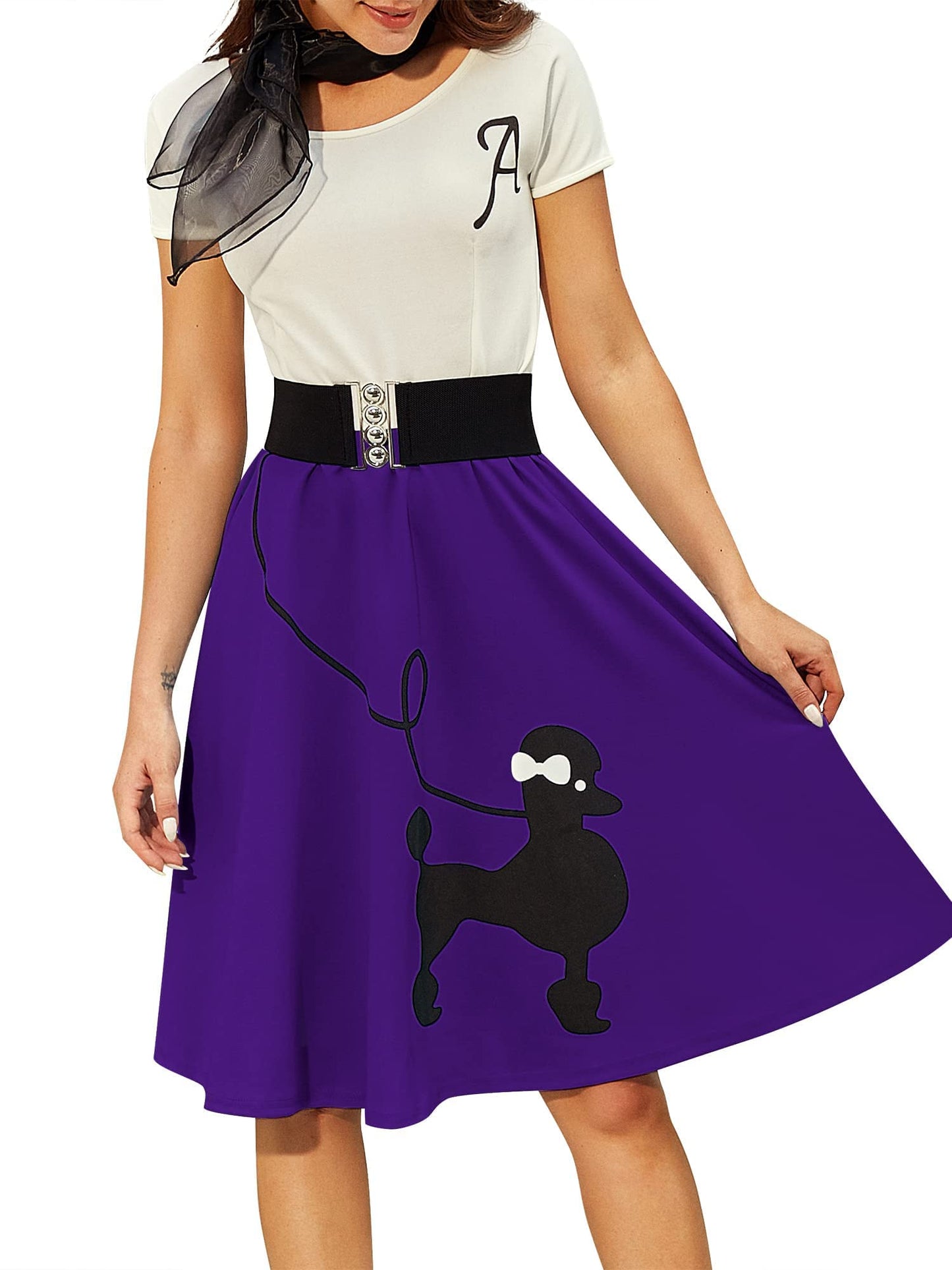 ZEZCLO Women's Retro Poodle Print Skater Dress Vintage High Waist Rockabilly Swing Tee Cocktail Party Dresses Deep Purple XL