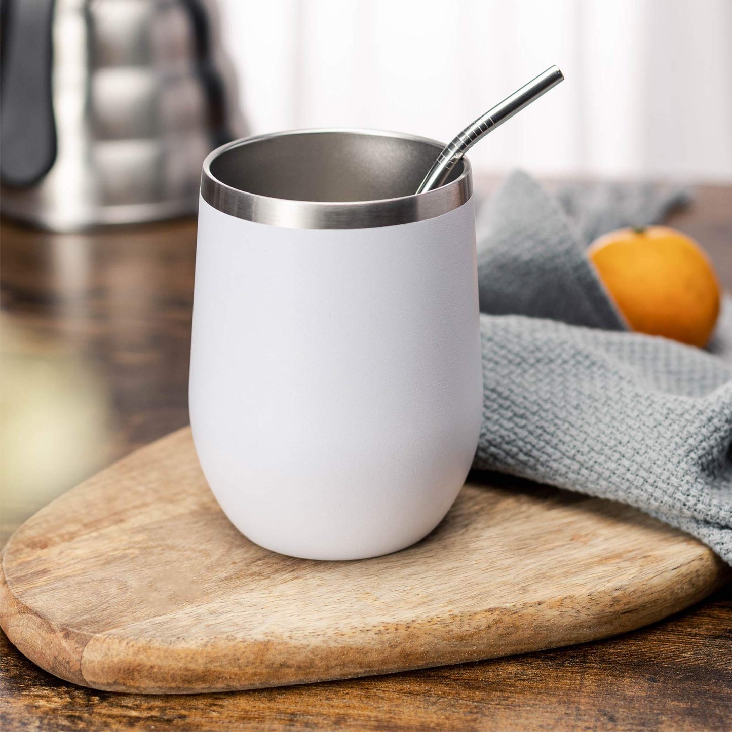 COMOOO 12oz Wine Tumbler with Lid and Straw, Stainless Steel Stemless Wine Glass, Double Wall Vacuum Insulated Wine Tumbler Cup, Cocktails,Beer,Champaign, White, 8 Pack