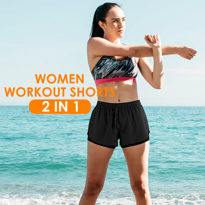 Yevrimow Women's 2 in 1 Running Shorts for Gym Yoga Workout Athletic Shorts High-Waisted Shorts with Liner Pockets Black