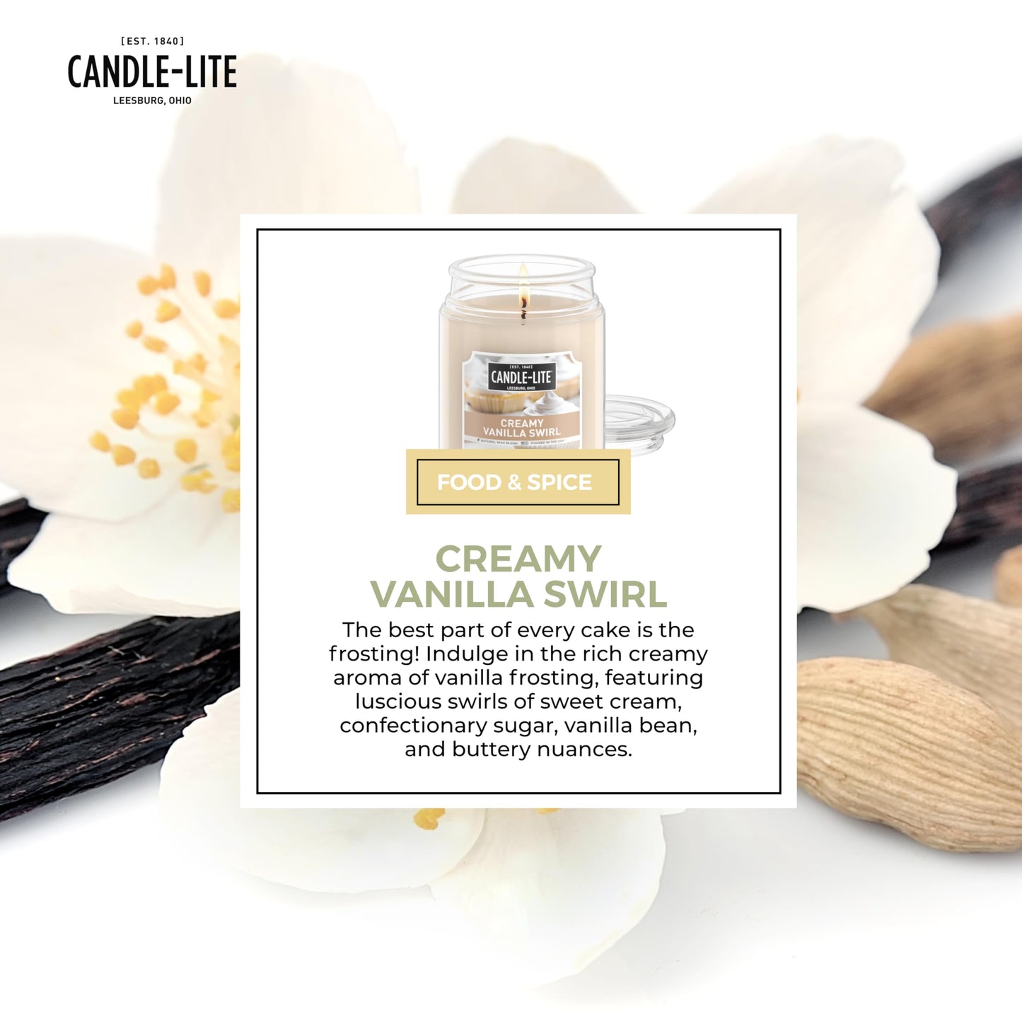 Candle-lite Fall Scented Candles, Creamy Vanilla Swirl, 18 oz Jar, Proudly Poured in The USA, Aromatherapy Candle, Single-Wick with 110 Hours of Burn Time, Perfect for Creating a Relaxing Ambiance