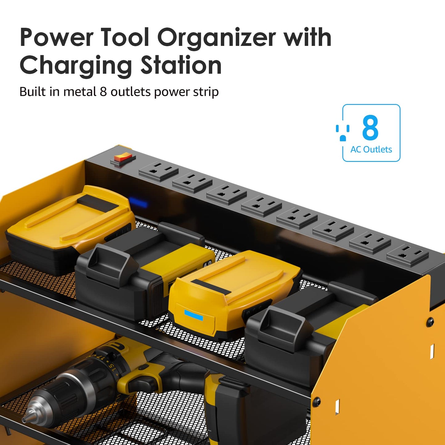 CCCEI Modular Power Tool Organizer Wall Mount with Charging Station. Garage 4 Drill Storage Shelf with Hooks, Screwdriver, Drill Bit Heavy Duty Rack, Tool Battery Holder Built in 8 Outlet Power Strip.