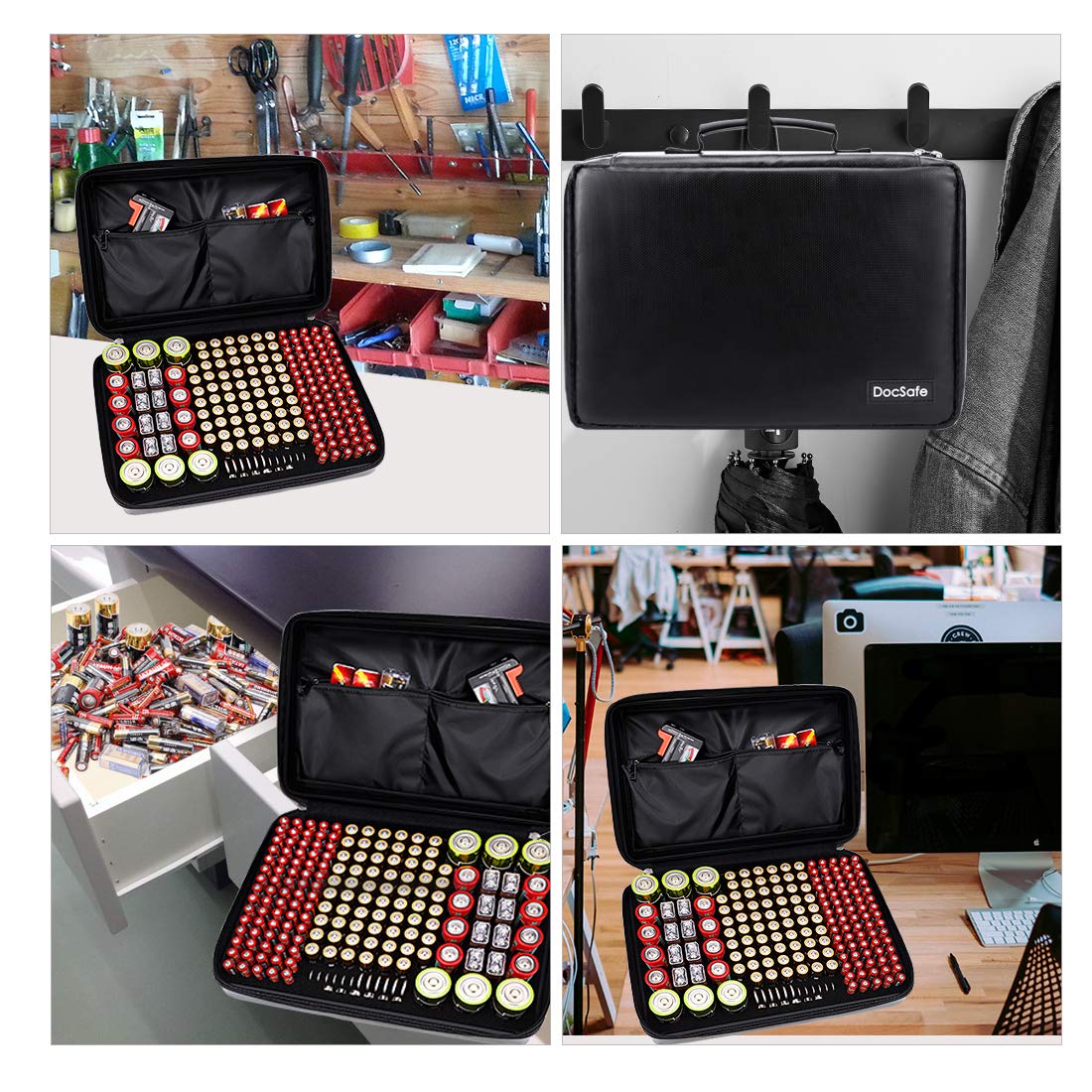 DocSafe Fireproof Battery Organizer Storage Box,Fireproof Waterproof Carrying Case Bag Holder,Safe Storage Holds 200+ Batteries AA AAA C D 9V, with Battery Tester BT-168 (Not Includes Batteries)