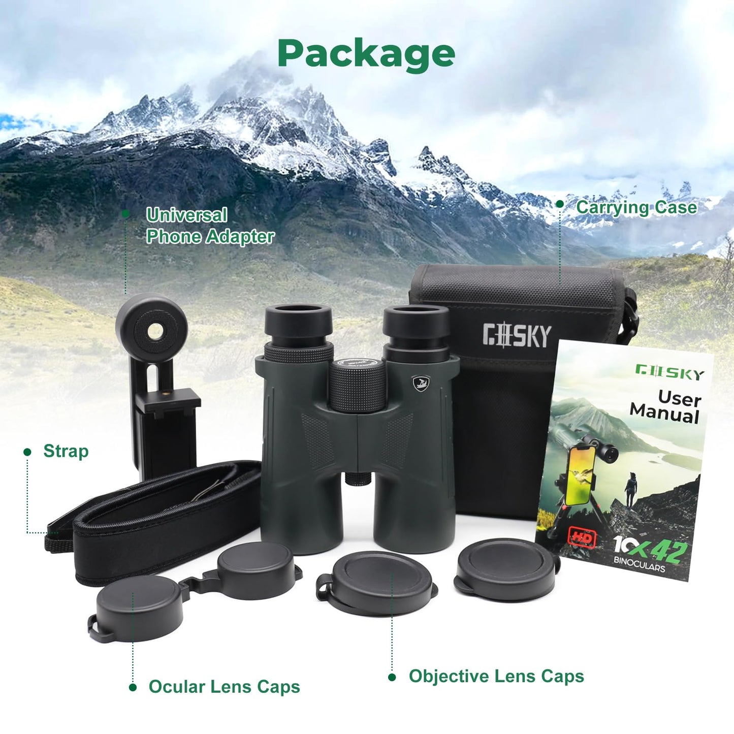 Gosky 10X42 HD Binoculars for Adults with Phone Adapter, High Power Binoculars with BAK4 Prism and FMC Lens, Waterproof Binocular for Bird Watching Hunting Traveling Outdoor Sports