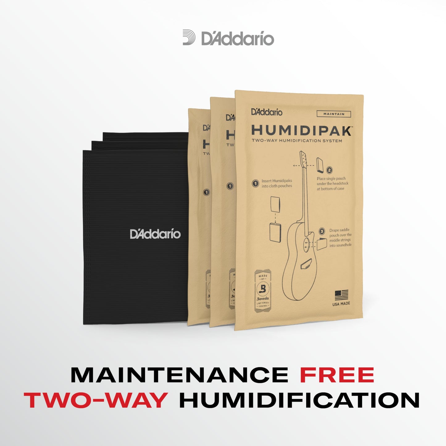 D'Addario Accessories Guitar Humidifier Packs - Two-Way Humidification System Conditioning Packets - For Maintaining Proper Guitar Humidification Level - 3 Maintain Replacement Packets
