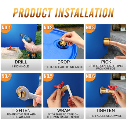 WADEO Rain Barrel Spigot, Brass Water Spigot with Bulkhead Fitting, Rain Water Faucet Kit with Thread Tape