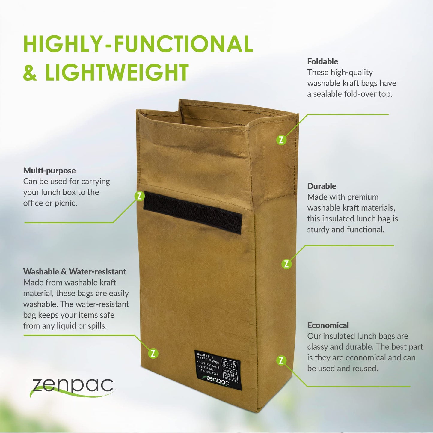 ZENPAC Small Brown Lunch Bag, Reusable & Washable Kraft, Leakproof Sack for Work, School, Picnic, Food, Beverages, Snacks, Travel, 8.5x4.5x12 Inches