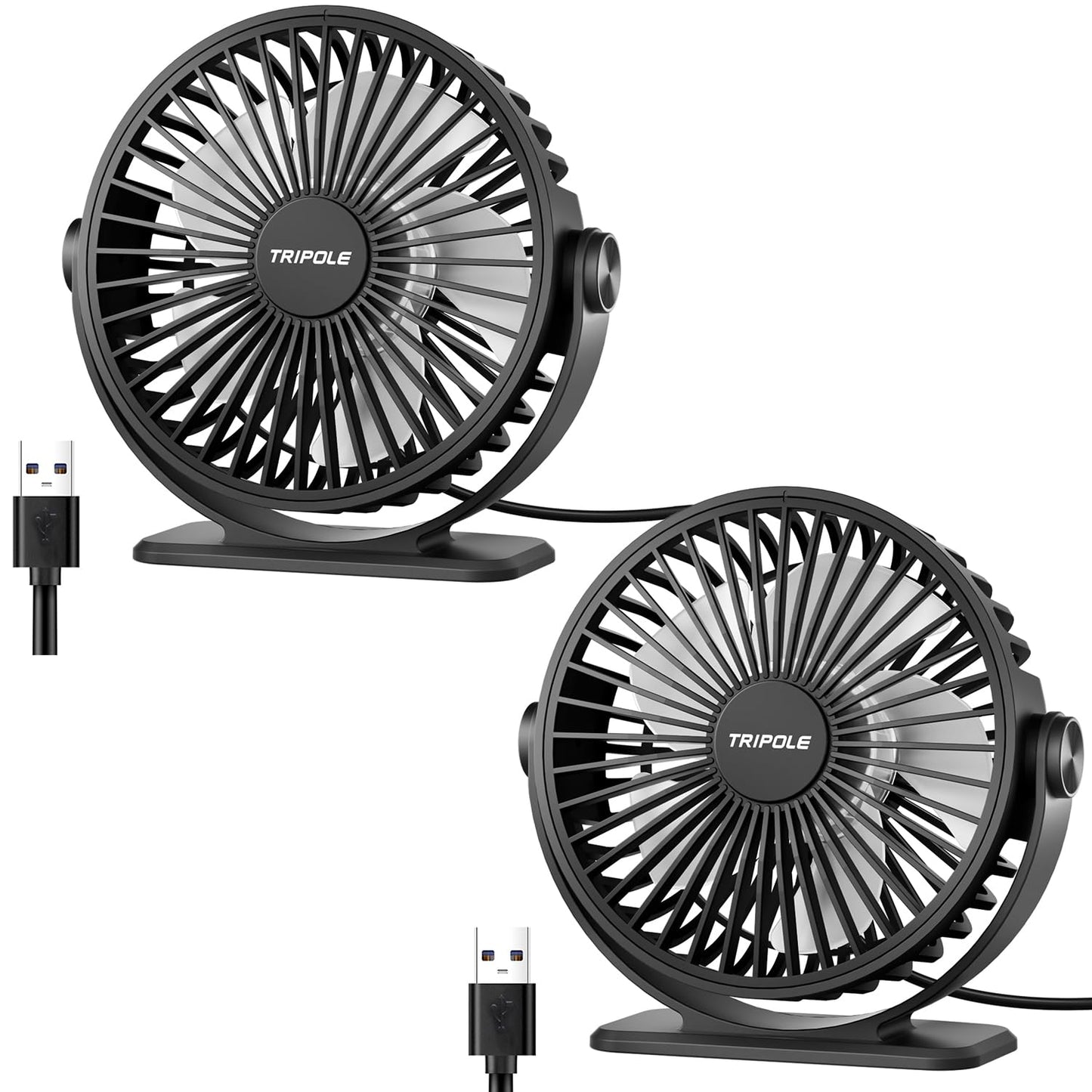TriPole Desk Fan 2 Pack Black USB Powered Small Portable Fan, 3 Speeds Adjustable Strong Breeze Mini Personal Fan, 360° Rotation Quiet Plug In USB Fan for Desktop Bedroom Office Table Travel, 4.5in
