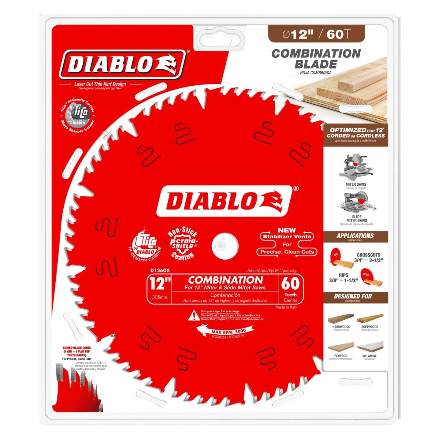 Diablo Combination Saw Blade for Wood - 12" Diameter, 60 Comb Teeth, 1" Arbor, .118" Kerf, 15° Hook Angle, .071" Plate, 6,000 Max RPM - D1260X