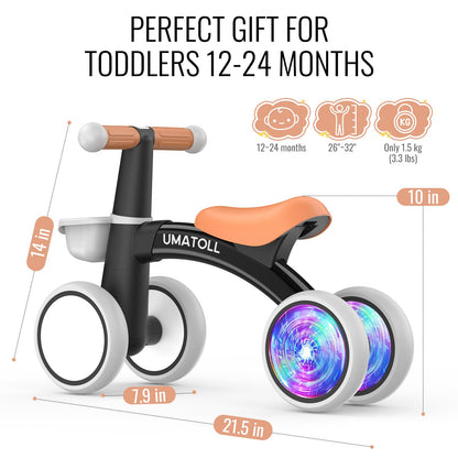 Umatoll Colorful Lighting Baby Balance Bike Toys for 1 Year Old Boys Gifts, Adjustable Seat Baby Walker, One Year Old Boy Birthday Gifts, 12-24 Months Toddler First Ride on Toys