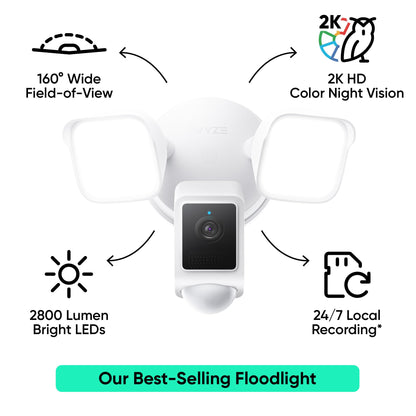 WYZE Floodlight Camera v2, Security Camera Outdoor, 2K HD with Color Night Vision, 2800-Lumen LEDs, 160° Wide View, 105dB Siren, Works with Alexa & Google Assistant, Wired, Free Expert Support