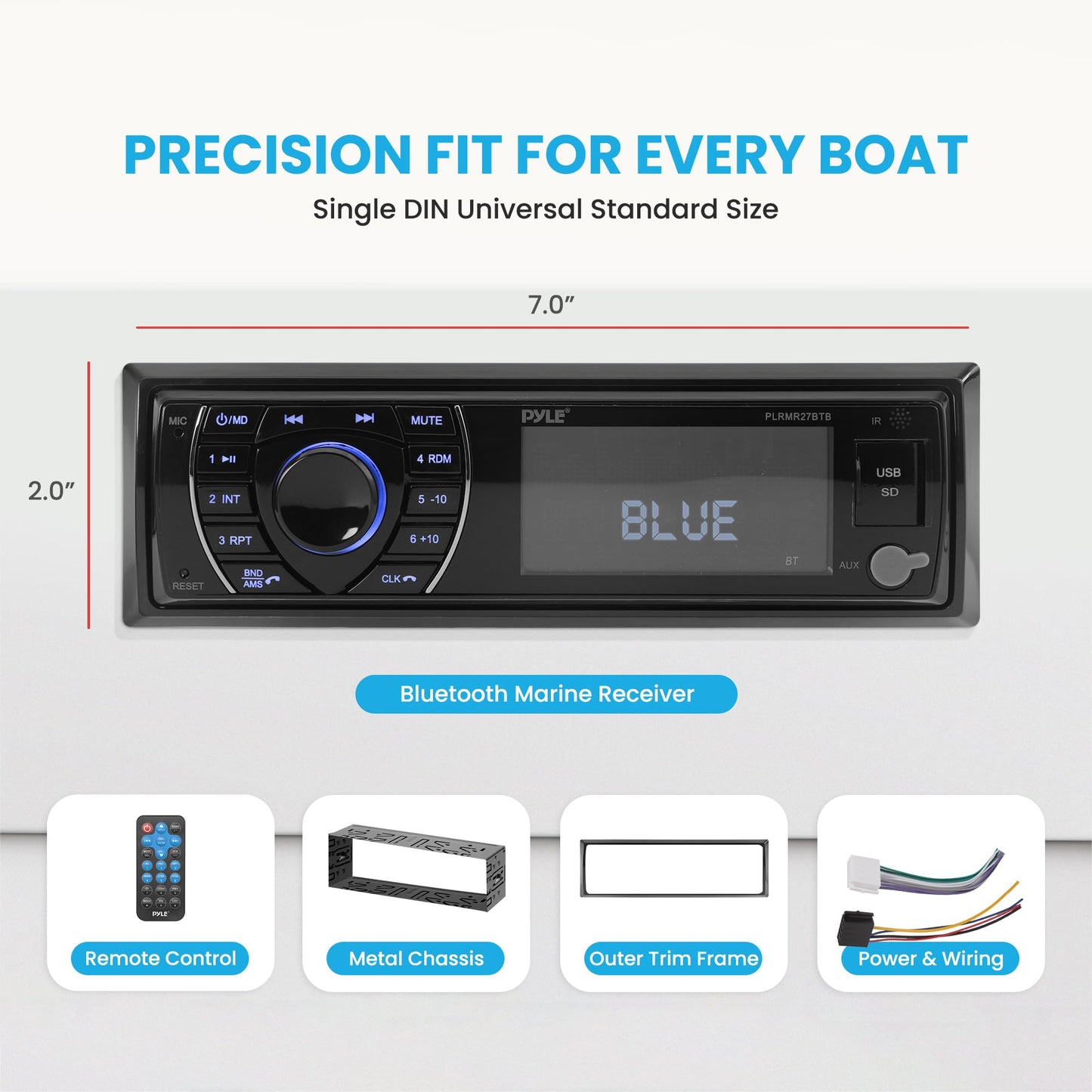 Pyle 300W Bluetooth Marine Stereo Receiver - Single DIN In-Dash AM/FM Radio with USB/SD - AUX - MP3 - Built-in Mic - EQ - Wireless Music Streaming - Remote - 12V - PLMRM29BT
