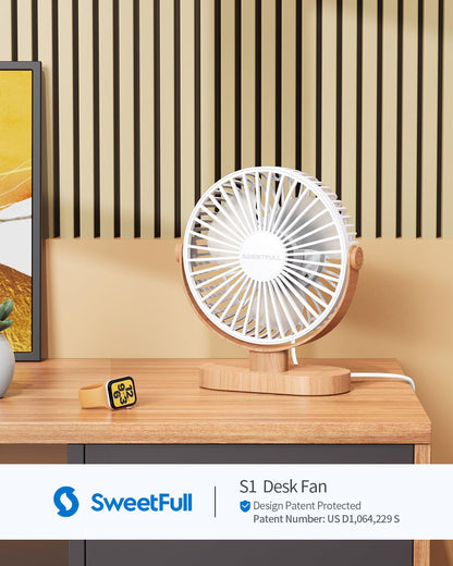 SWEETFULL Small USB Desk Fan 6.5 Inch, 3 Speeds Portable Personal Desktop Table Fan, Dual 360° Adjustment Mini Fan, Quiet Operation, for Home Office Car Outdoor Travel (White wood grain)