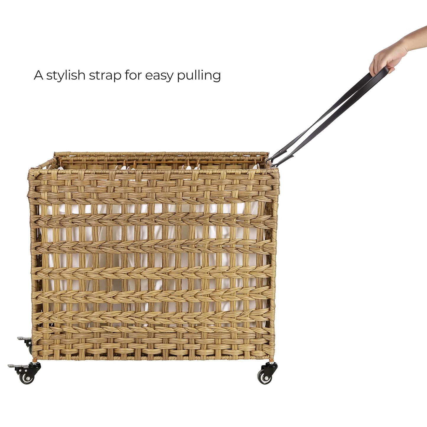 SONGMICS Laundry Hamper with Lid, 140L Synthetic Rattan Laundry Basket with Wheels, Clothes Hamper with 3 Removable Liner Bags, 3-Section Hampers with Handles, Laundry Room, Natural ULCB083N01