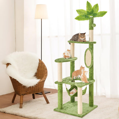 TSCOMON 55" Cat Tree for with Green Leaves, Multi-Level Large Cat Tower with Hammock, Plush Cat House with Hang Ball Toy and Sisal Scratching Posts Furniture, Green