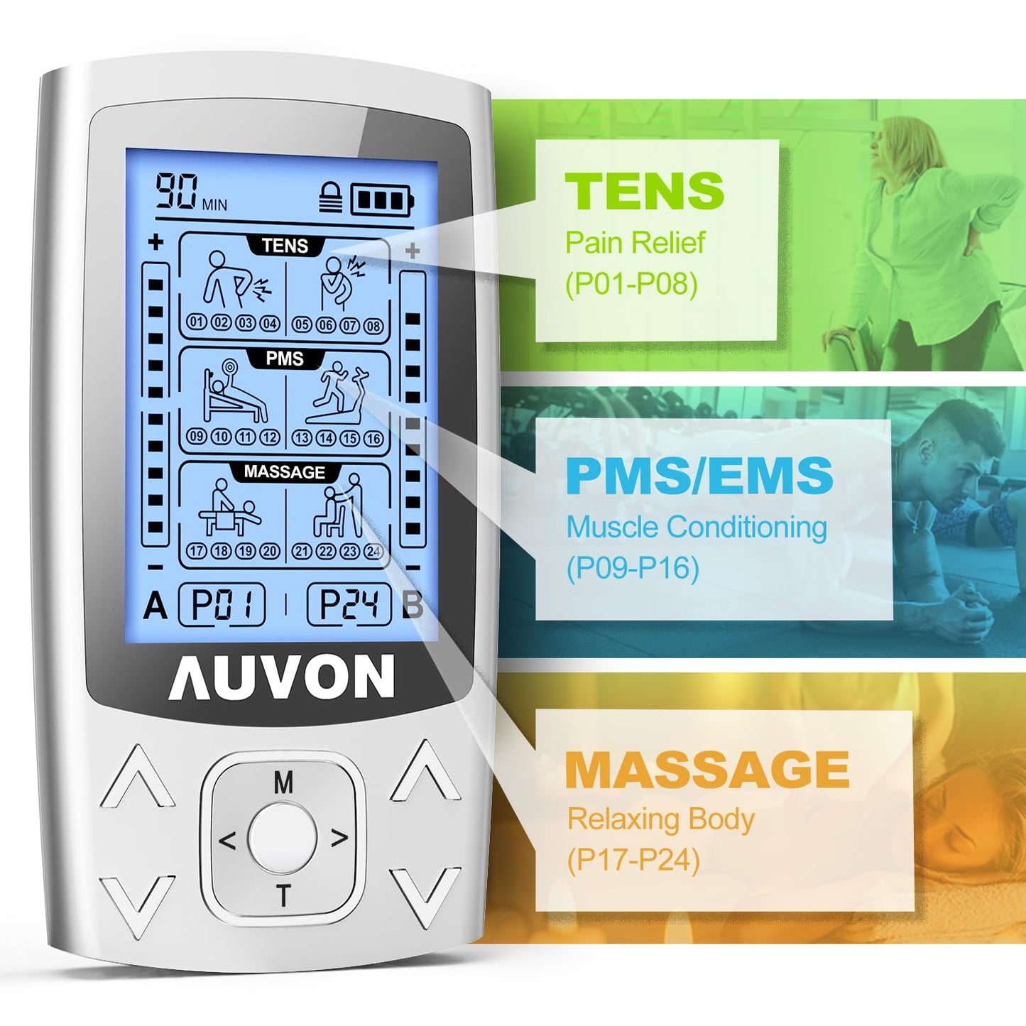 AUVON Dual Channel TENS EMS Unit 24 Modes Muscle Stimulator for Pain Relief, Rechargeable TENS Machine Massager with 12 Pads, ABS Pads Holder, USB Cable and Dust-Proof Storage Bag
