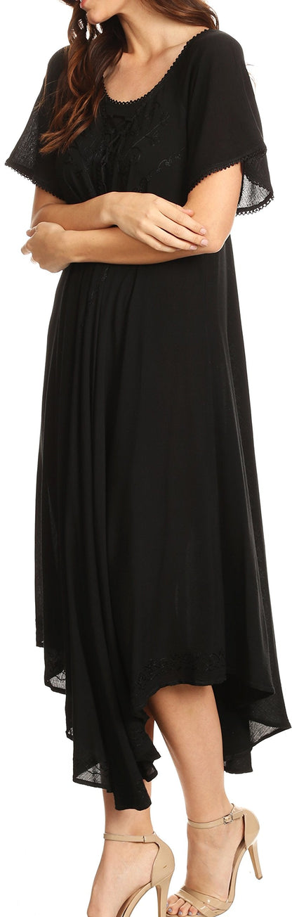 Sakkas 1701 - Lilia Embroidered Lace Up Bodice Relaxed Fit Maxi Sun Dress - Black - OS
