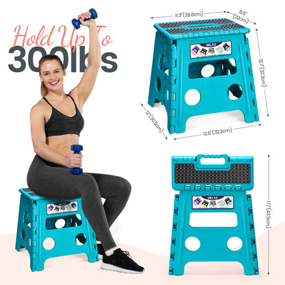 Delxo Folding Step Stool 13 Inch Non-Slip Foldable Stools Up to 300 LBS Kitchen Collapsible Fold Up Stepping Stool with Dotted 1 Pack Blue