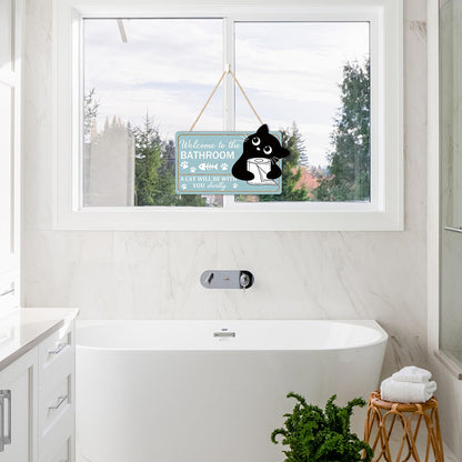 TOARTi Funny Bathrooms Decor Black Cats Welcome to The Bathroom Wood Sign A Cat Will Be with You Shortly Black Cat Bathroom Wooden Hanging Sign for Toilet Powder Room Restroom Wall Decoration