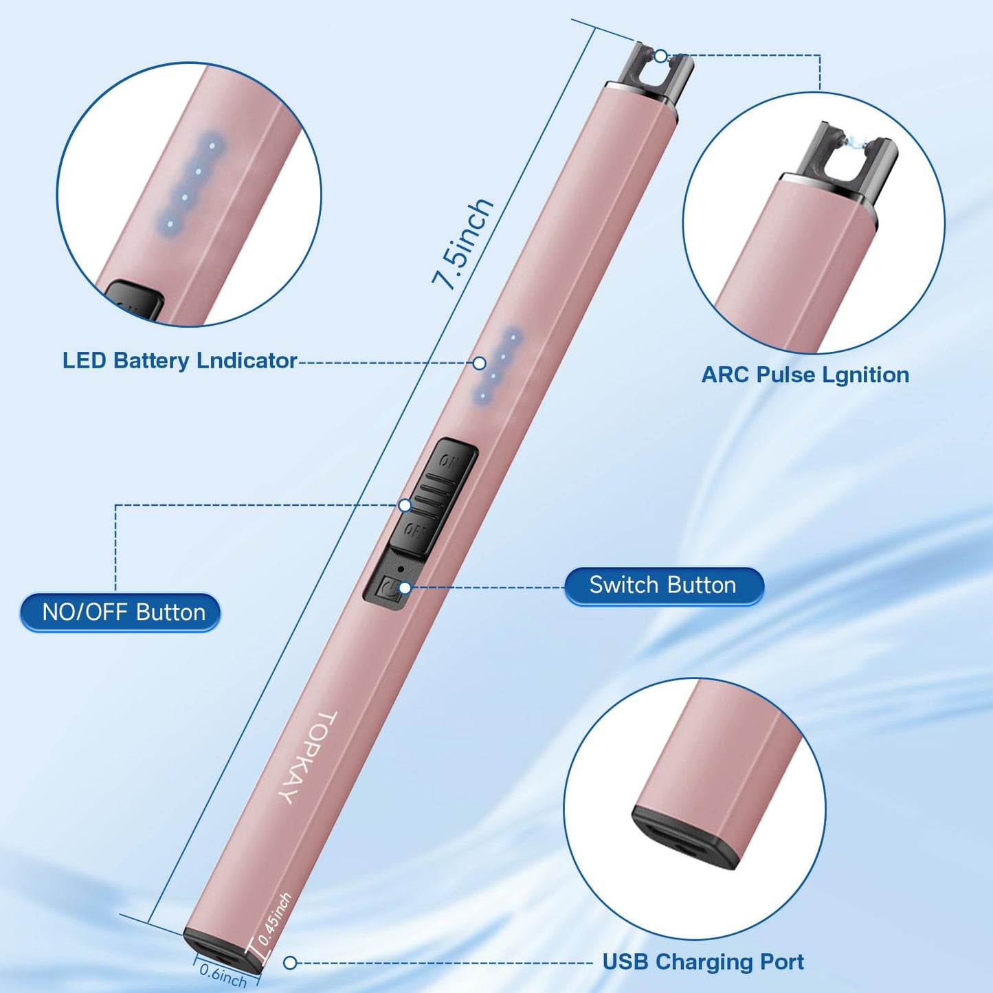 TOPKAY Electric Lighter Candle Lighter Windproof Flameless USB Rechargeable Plasma Arc Long Lighter for Grill Firework Kitchen Camping (Rose Gold)