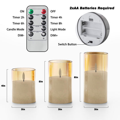 VIODAIM Ice Crystal Real Wax Glass Flameless Candles with Remote & Timer, Battery Operated Candles with Warm Flickering Flame, Realistic LED Candle for Wedding Home Decor [D3×H4/5"/6"] Gold, 3Pack