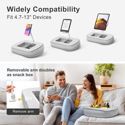 ERGONOV Tablet Stand Pillow with Snack Bowl, iPad Lap Holder for Hands-Free Reading and Relaxation on Bed,Couch,Recliner, 360° Rotating Clip for 4.7-13" Kindle,eBook,Tablet,iPhone (Light Gray)