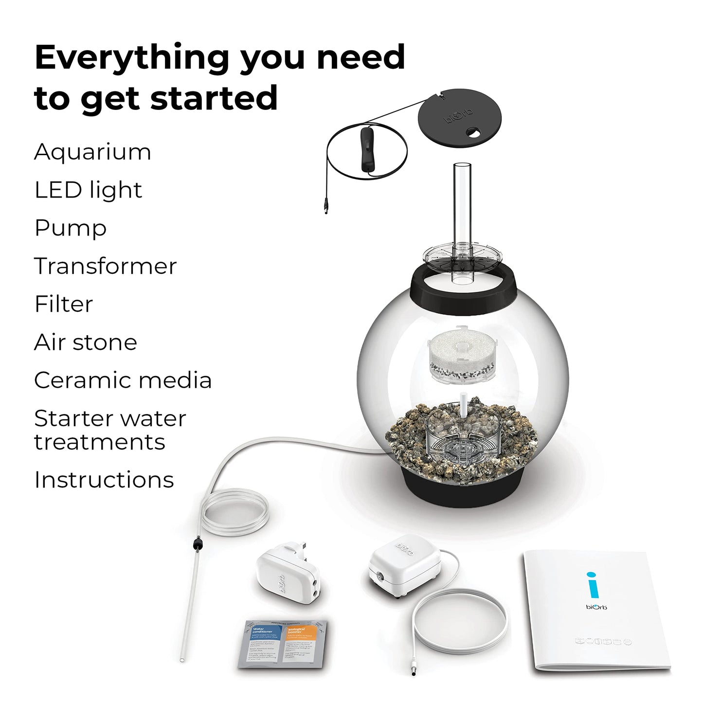 biOrb Classic 15 Acrylic 4-Gallon Aquarium with White LED Lights Modern Compact Tank for Tabletop or Desktop Display, Black-Trimmed Tank