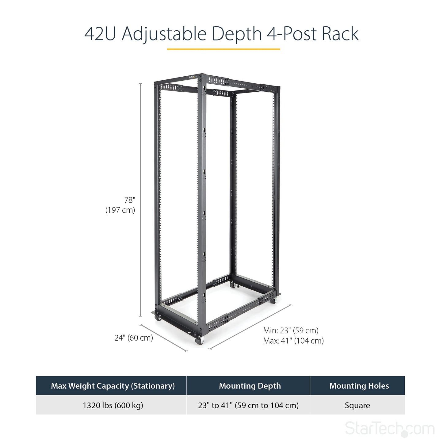 StarTech.com 4-Post 42U Mobile Open Frame Server Rack, 19in Network Rack with Wheels, Rolling Rack for Computer/AV/Data/IT Equipment - Casters, Leveling Feet or Floor Mounting (4POSTRACK42)