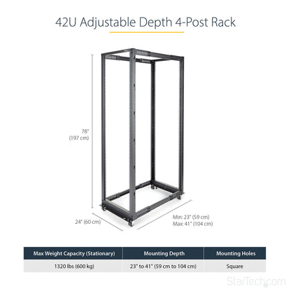 StarTech.com 4-Post 42U Mobile Open Frame Server Rack, 19in Network Rack with Wheels, Rolling Rack for Computer/AV/Data/IT Equipment - Casters, Leveling Feet or Floor Mounting (4POSTRACK42)