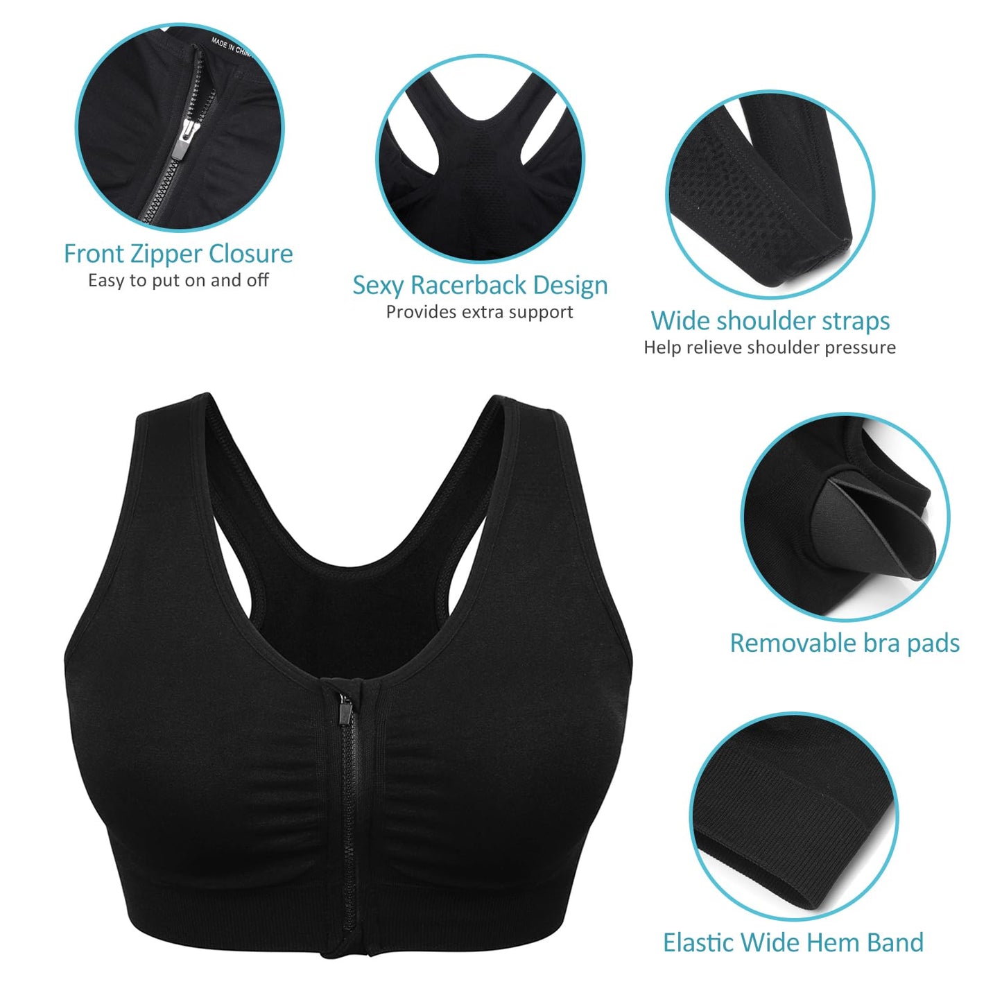 Women's Zip Front Sports Bra - Wireless, Padded, Post-Surgery, Racerback, Workout & Yoga Bra Top 2 Pack