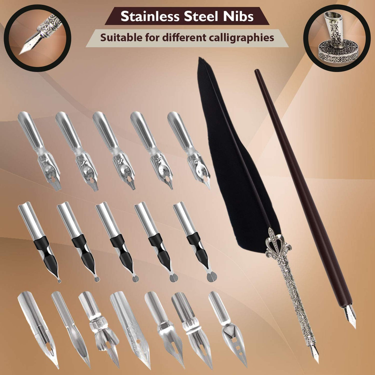 Trustela Calligraphy Set for Beginners, Wooden Dip Pen, Feather Quill, 19 Nibs, Ink Set, Gift Box